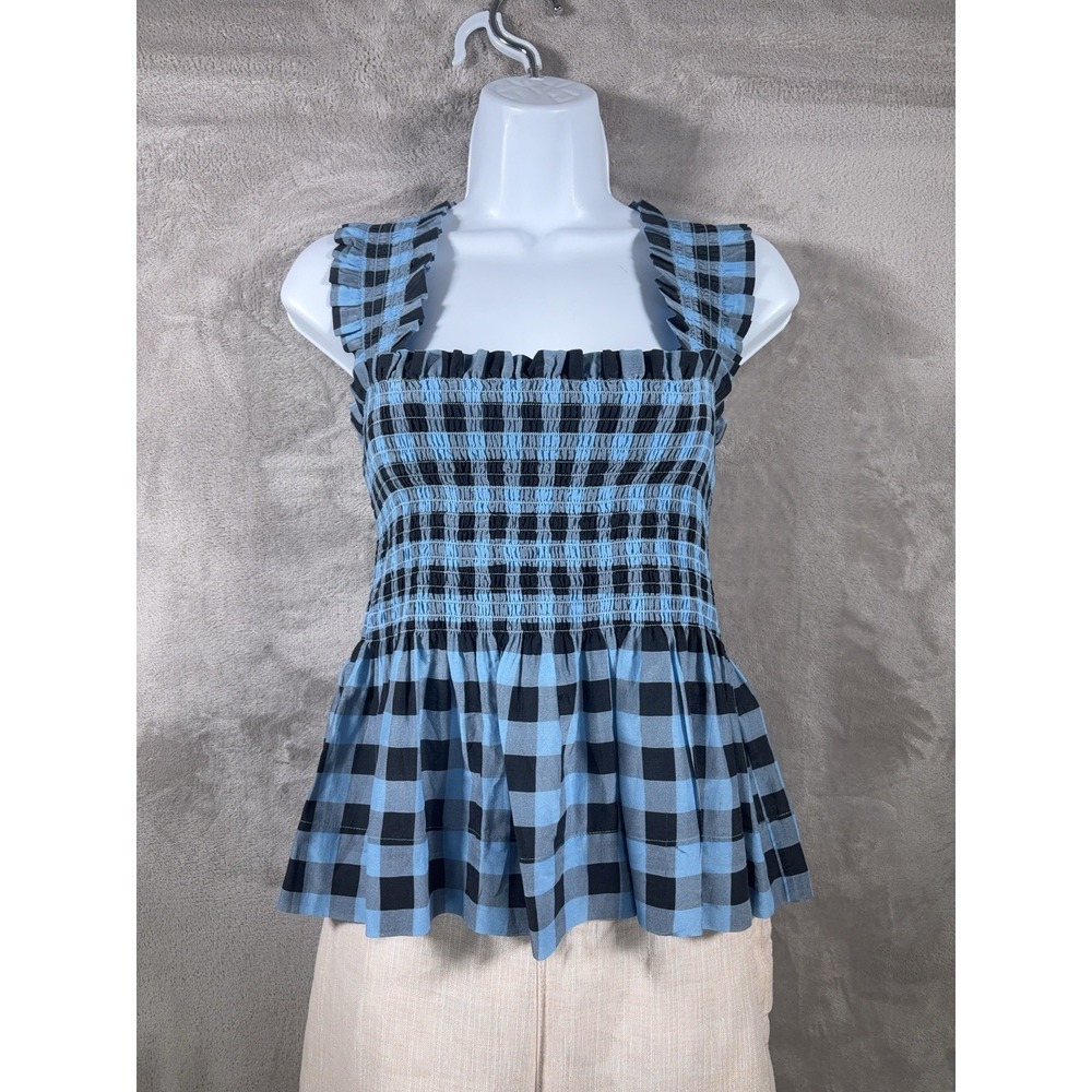 Ganni Smock Top Womens Size 36 Alaskan Blue Gingham Check Plaid Ruffled Shoulder